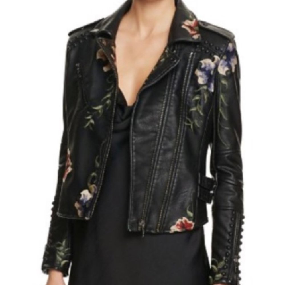 EUC Women’s VIGOSS Vegan Leather Black Floral Embroidered Moto Jacket, Size Smal